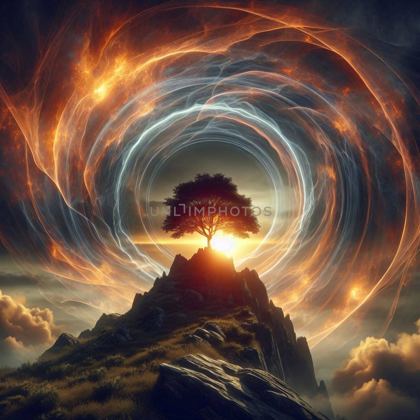 A tree stands on a mountaintop, surrounded by swirling, luminous energy. The scene is surreal and magical, suggesting a portal to another world or a place of spiritual energy. A high-quality photo.