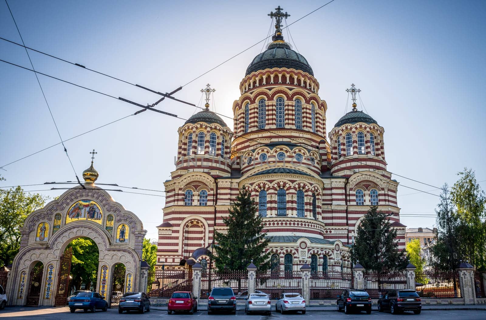 The front of the Annunciation Cathedral in Kharkiv, Ukraine
