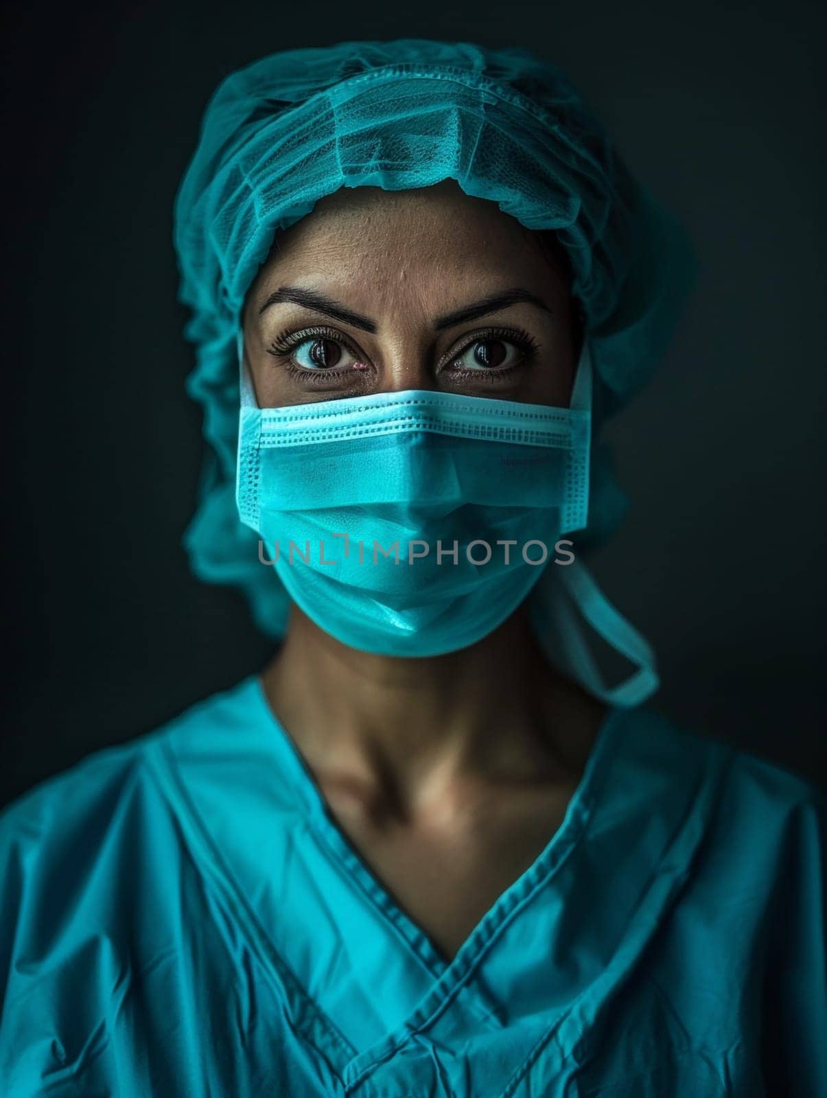 A medical professional in scrubs and protective gear gazes intently, their unwavering expression reflecting the gravity and dedication of their work