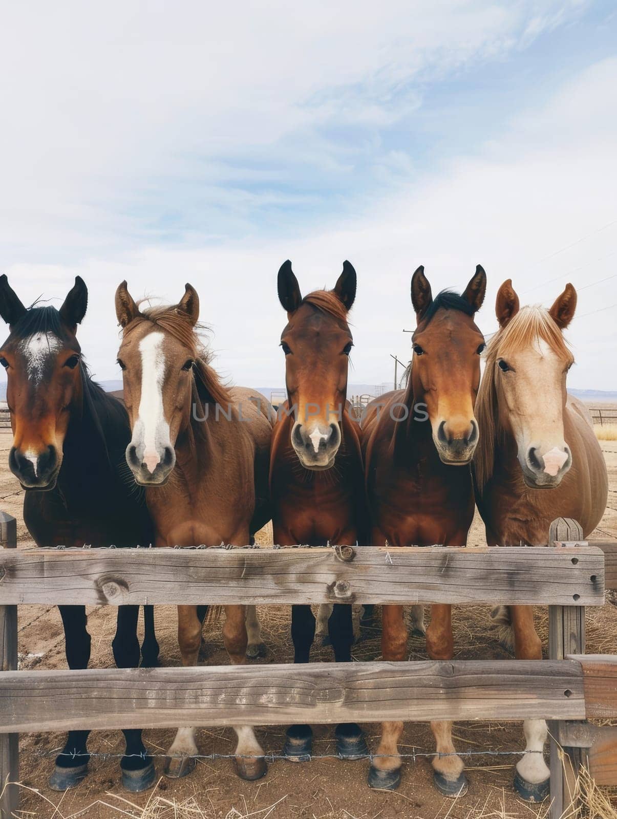A group of horses curiously peering through the wooden slats of a worn fence, their attentive gaze and unique markings creating an engaging portrait