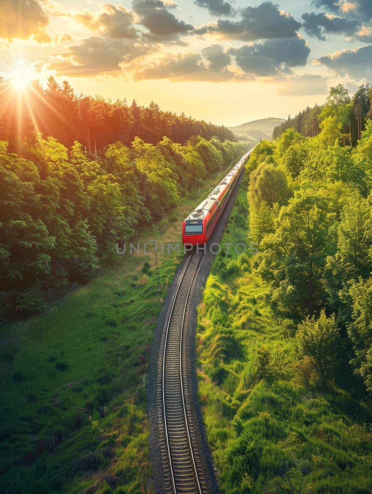 A train gracefully glides through a verdant forest valley, surrounded by towering mountains and vibrant foliage that glow in the warm light of the setting sun, creating a breathtaking and awe scene.