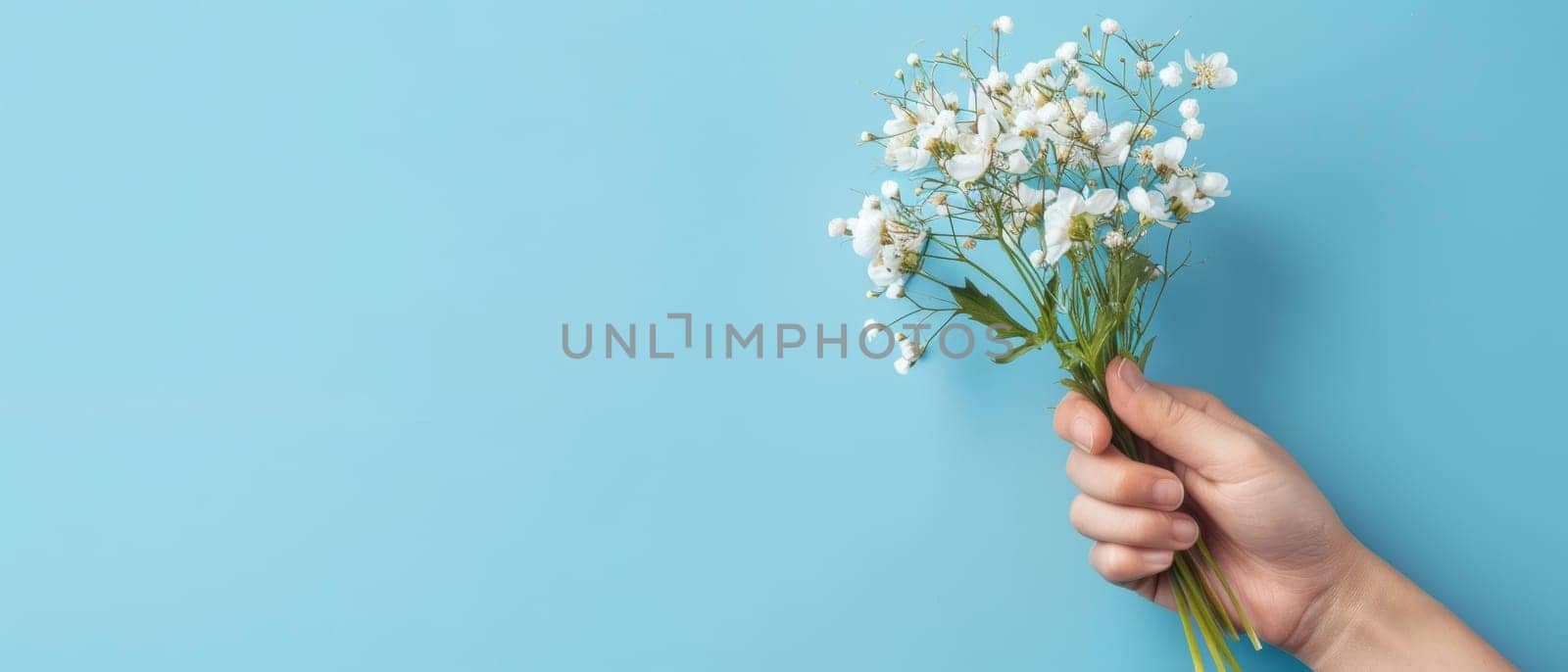A hand holds a beautiful bouquet of fresh, delicate white flowers against a serene blue background, creating a calming and elegant visual composition