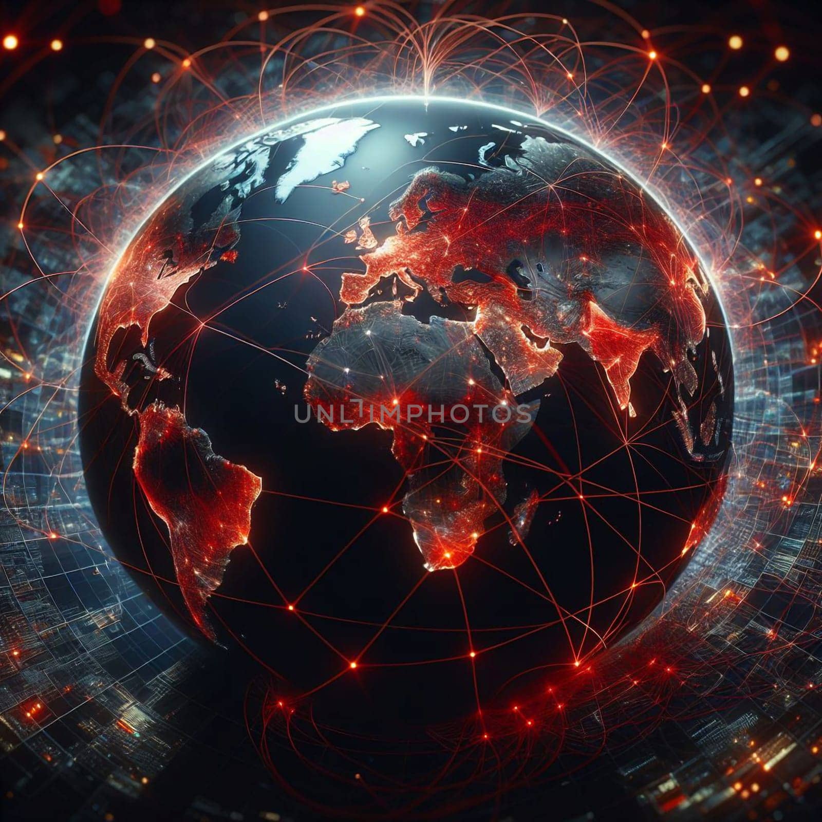 A digital representation of the Earth with glowing lines connecting cities and continents, symbolizing global connectivity and the interconnectedness of the world. A high-quality photo.