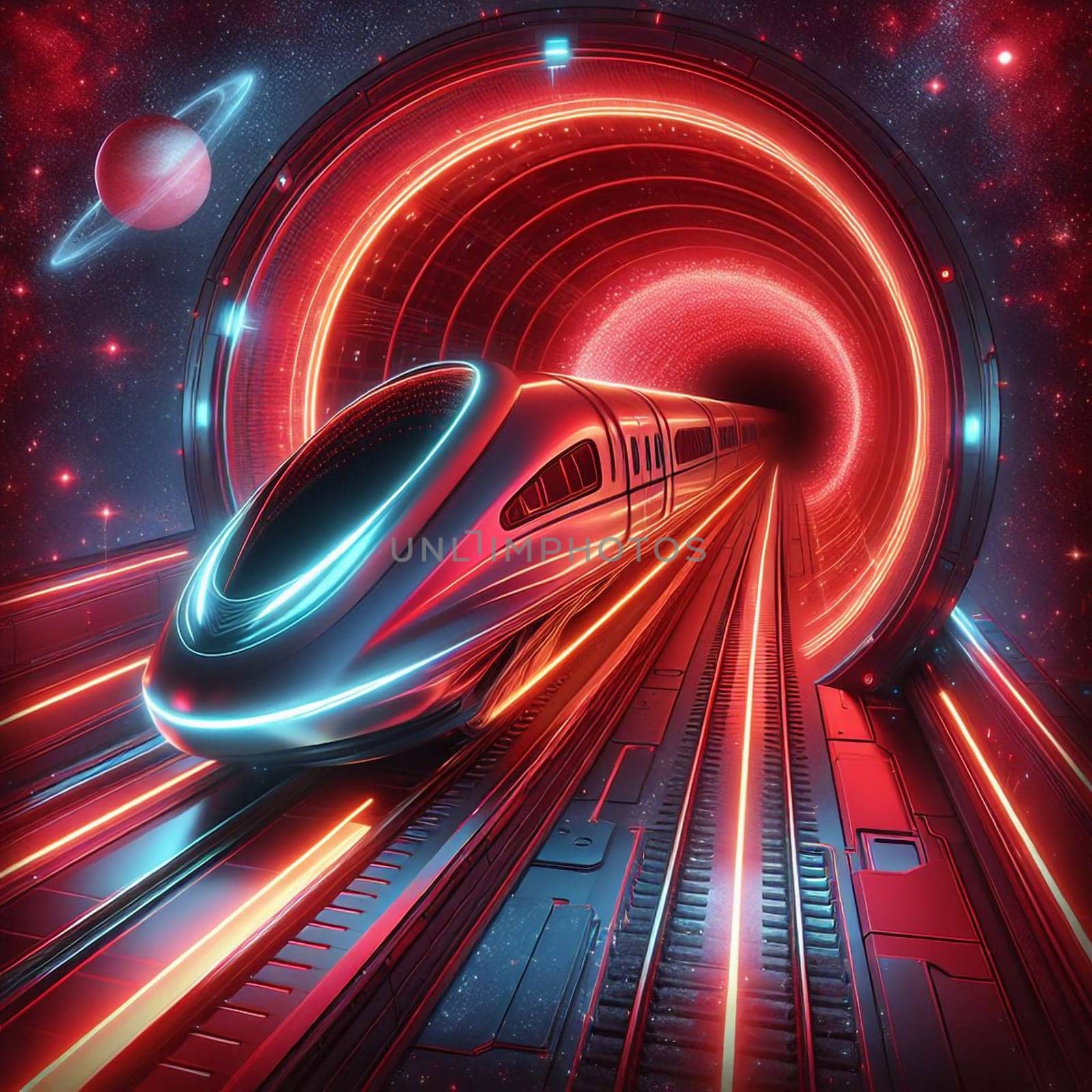 A futuristic train speeding through a glowing red portal, representing the idea of high-speed travel and innovation. The scene is set against a backdrop of stars and planets. A high-quality photo.