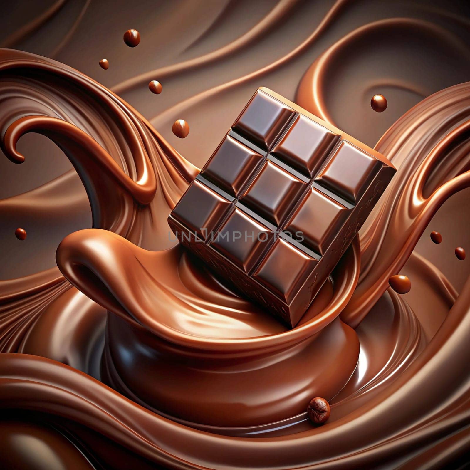 A chocolate bar sinking into a swirl of melted chocolate, creating a decadent and delicious scene. The image captures the smooth, rich texture and its irresistible appeal. A high-quality photo.