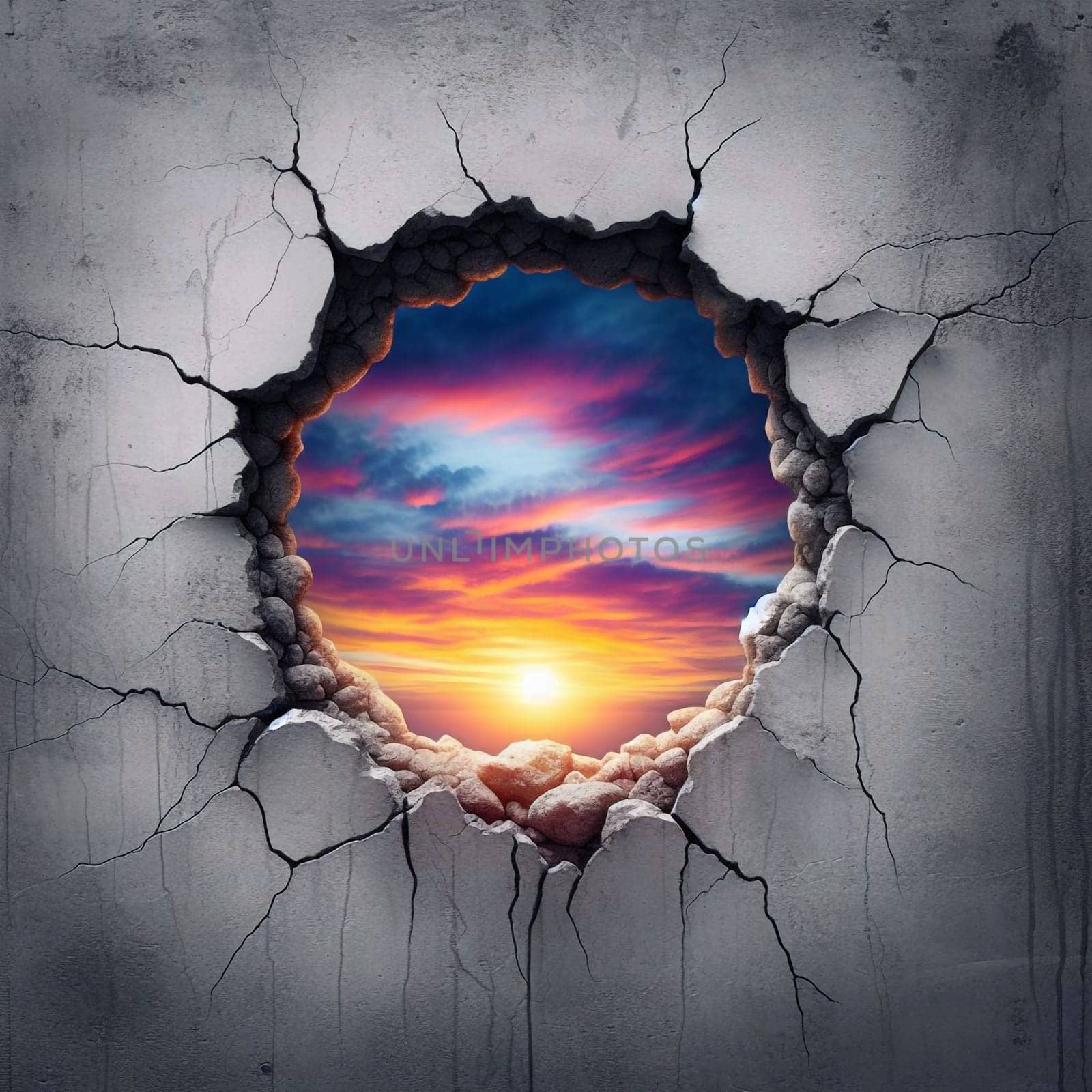 A cracked concrete wall with a hole revealing a vibrant sunset sky. The scene symbolizes hope and possibility, suggesting that even in the face of adversity. A high-quality photo.