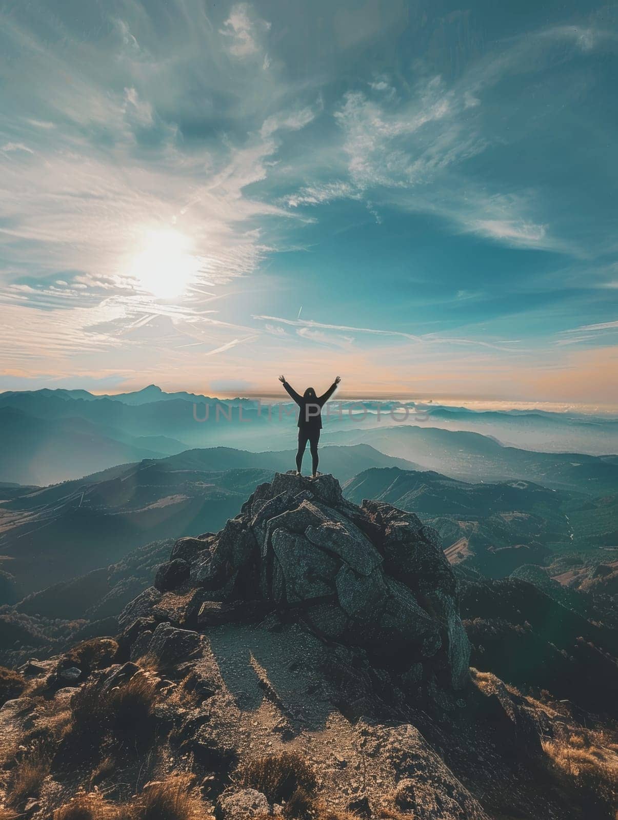 A silhouetted figure stands victoriously at the top of a dramatic mountain peak, arms outstretched against a backdrop of breathtaking alpine scenery