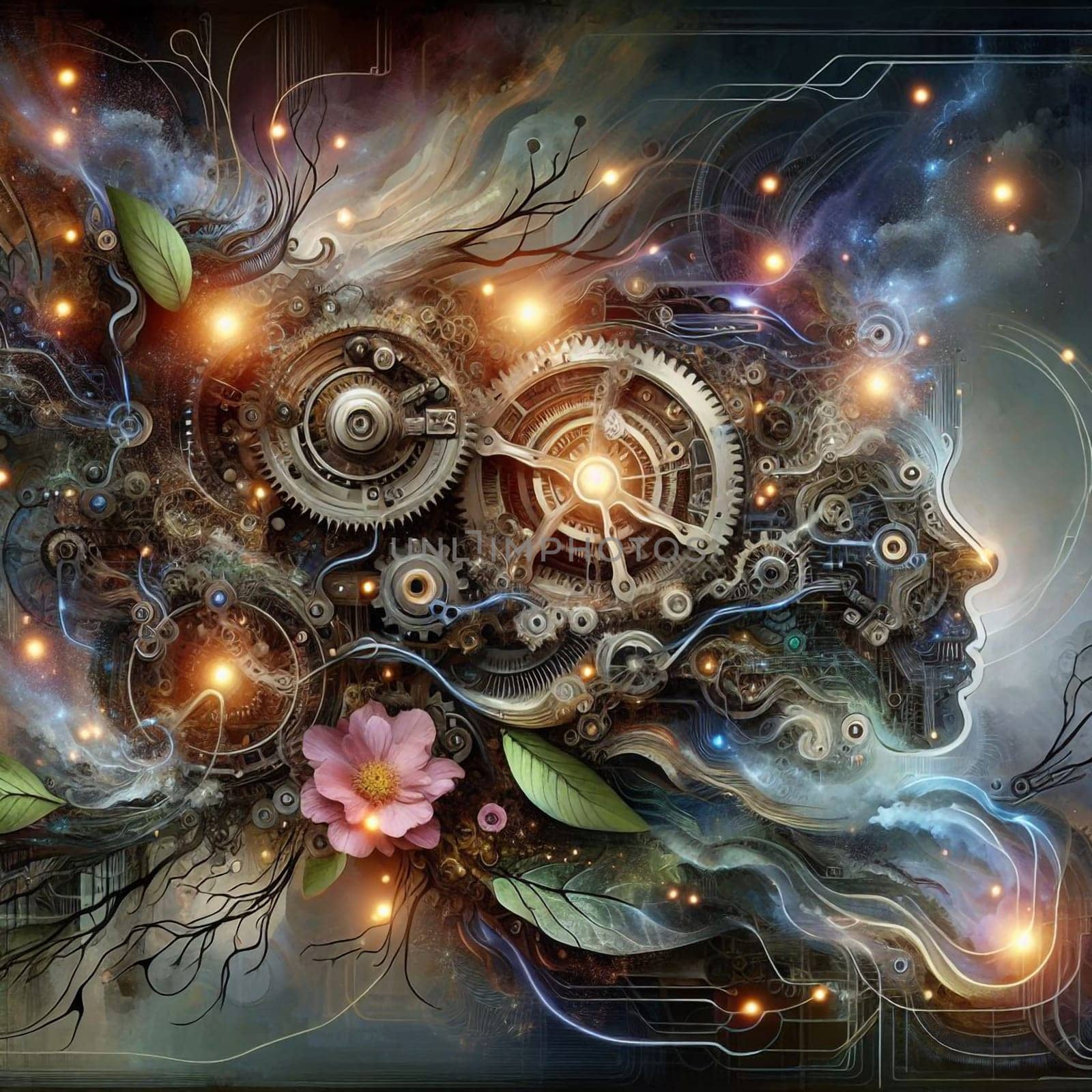 A surreal portrait of a woman with gears and machinery intertwined with floral elements, representing the beauty and complexity of the human mind. A high-quality photo.