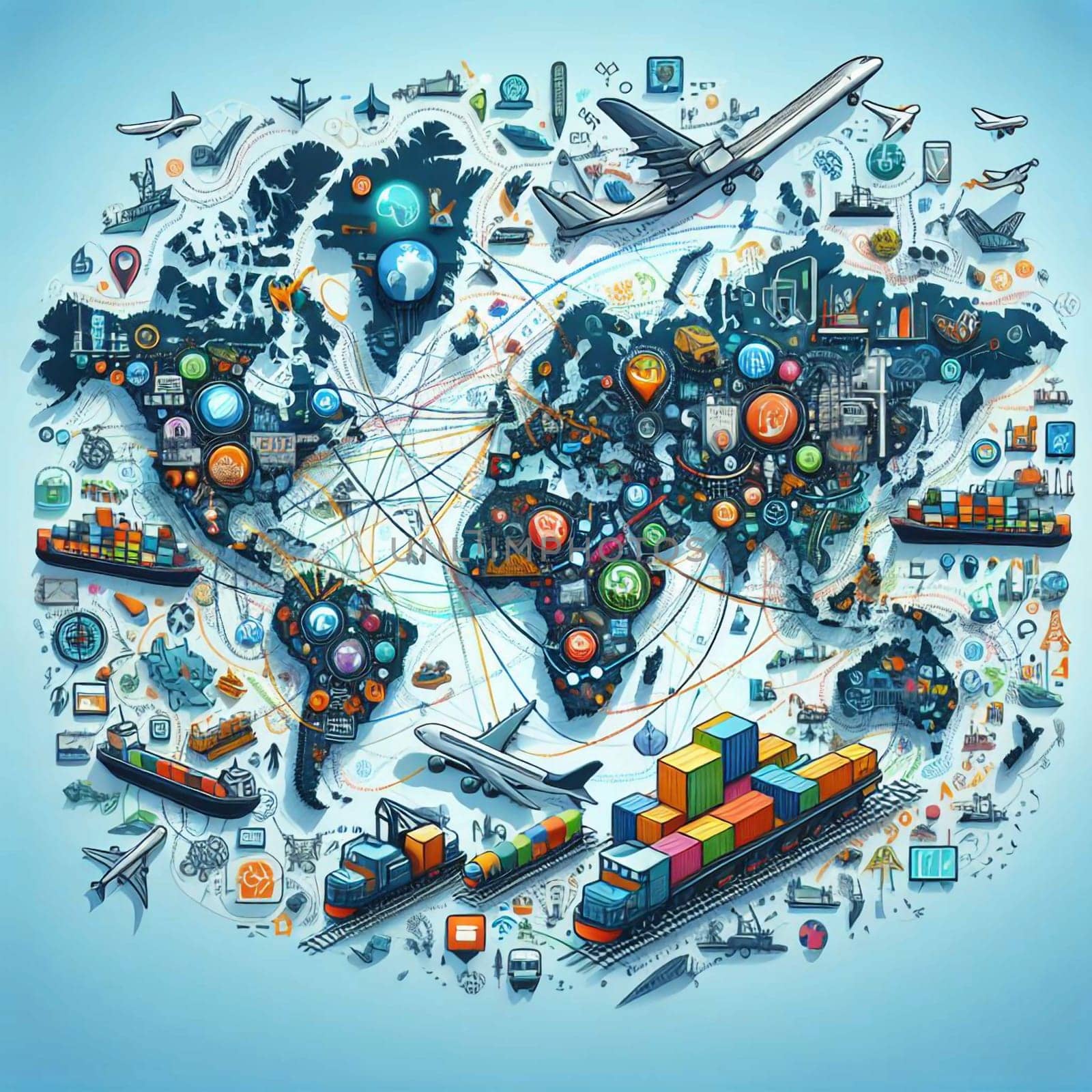 A world map filled with icons representing various aspects of global connectivity and interconnectedness, including transportation, communication, and technology. A high-quality photo.