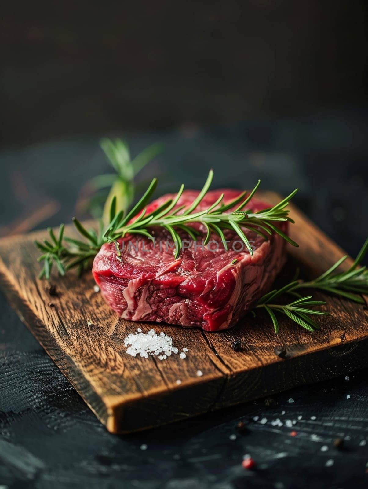 A thick, juicy prime beef fillet is presented on a rustic wooden board, garnished with fragrant rosemary sprigs and a dusting of coarse sea salt, creating an elegant and mouthwatering culinary display