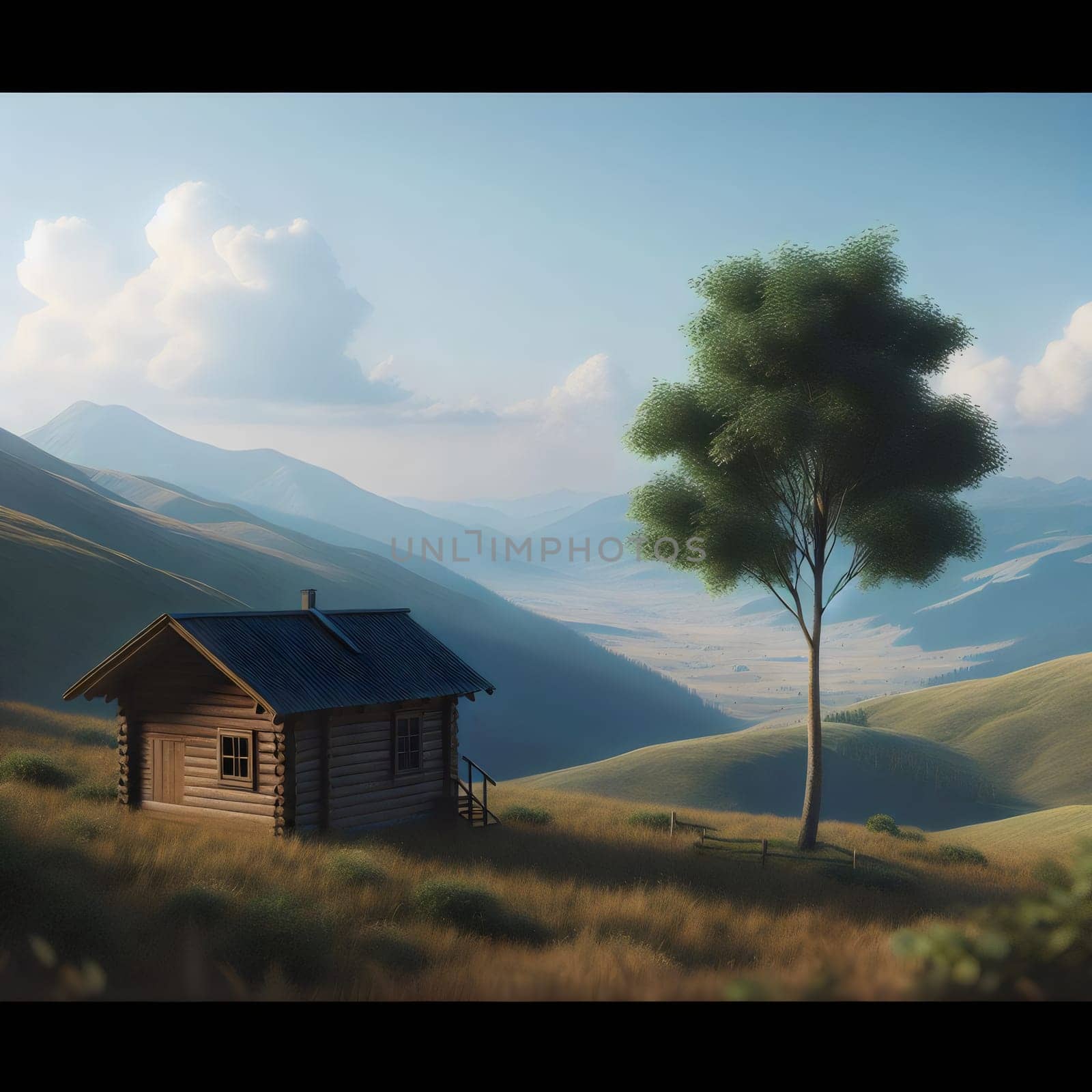 A small, wooden cabin nestled amidst rolling hills with a single tree standing tall in the foreground. The scene is bathed in warm, golden light, creating a sense of peace. A high-quality photo.