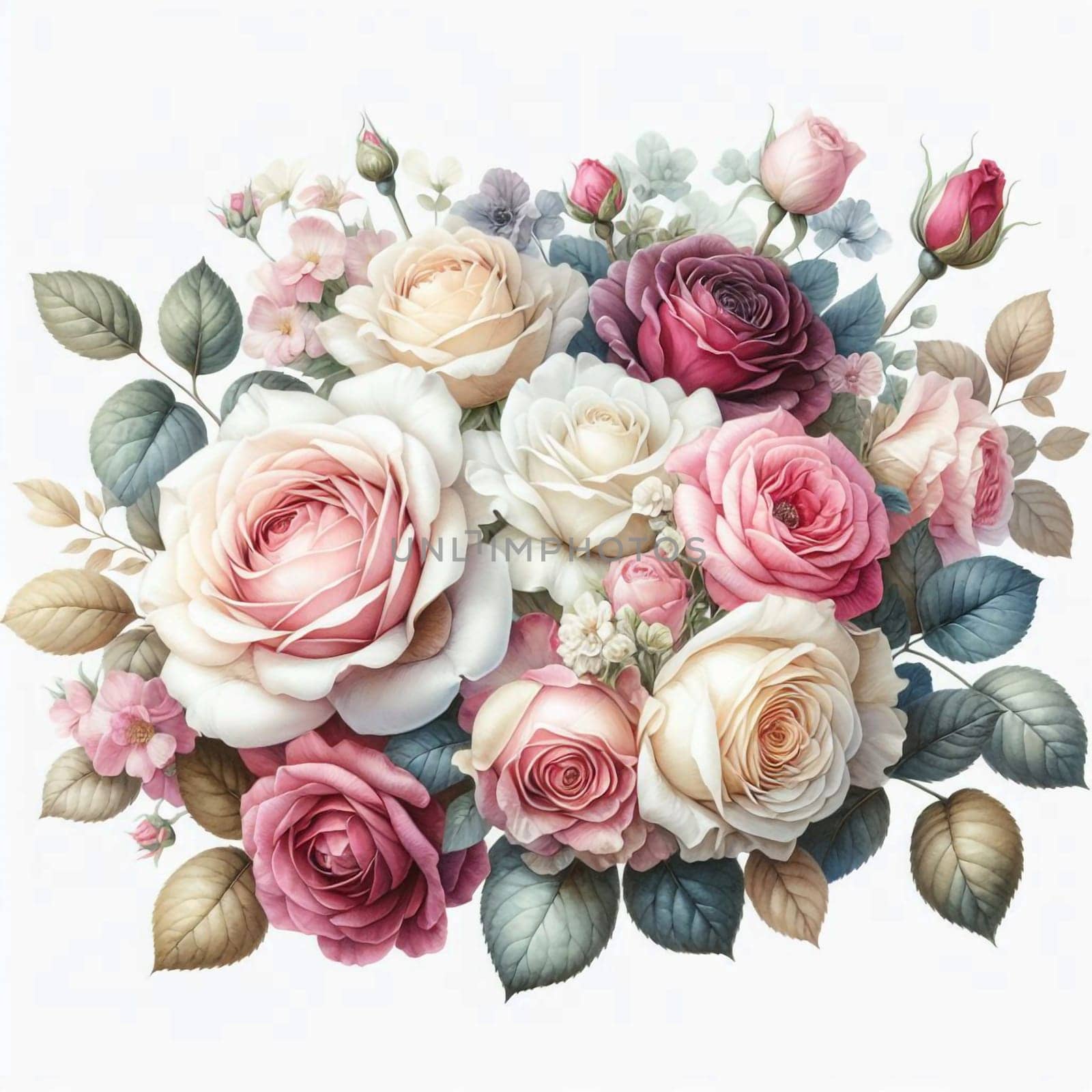 A beautiful bouquet of pink, white, and cream roses with green leaves and buds. The roses are arranged in a romantic and elegant style, creating a sense of love and beauty. A high-quality photo.