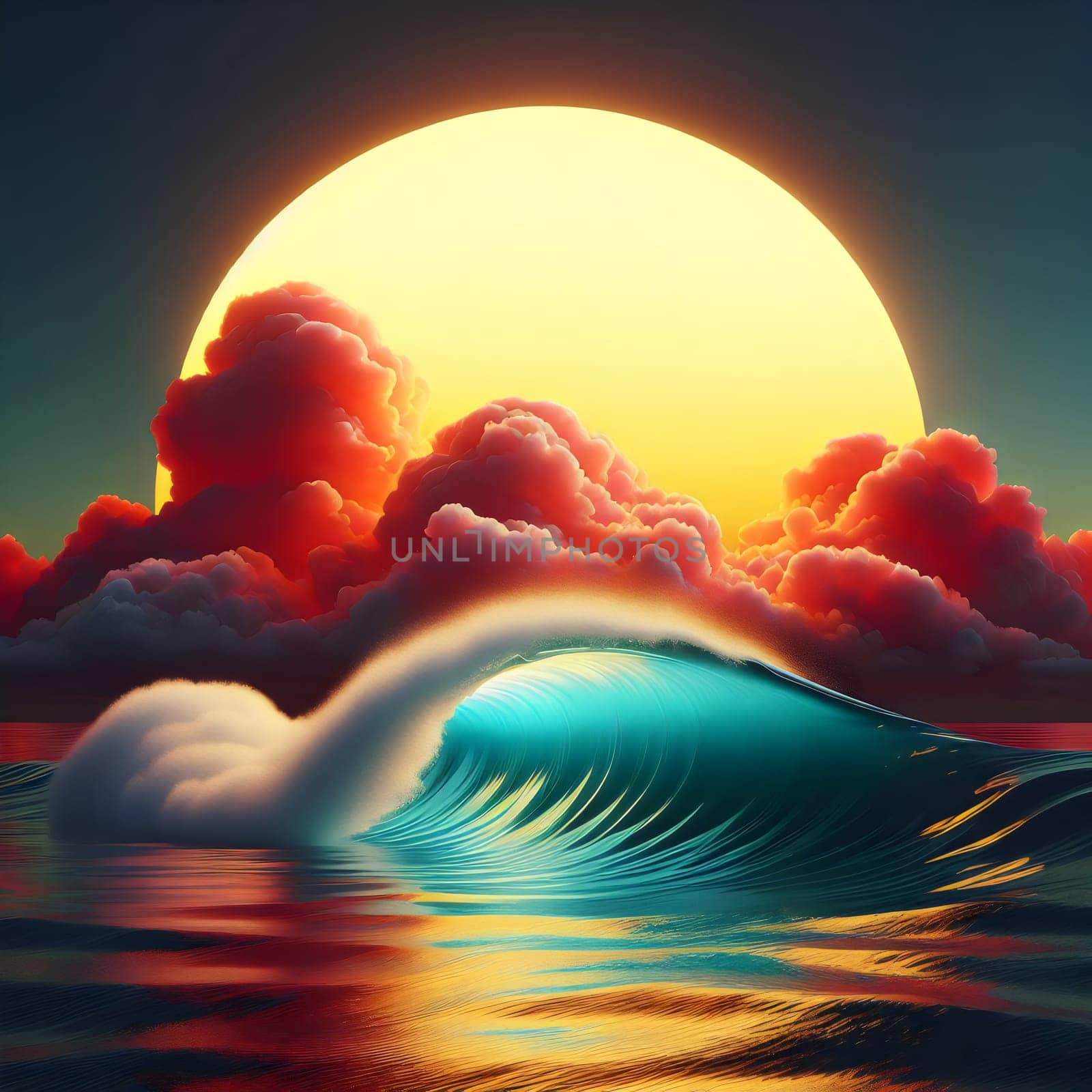 A large, golden sun setting behind a dramatic, crimson cloud over an ocean wave. The scene is surreal and beautiful, creating a sense of peace and tranquility. A high-quality photo.