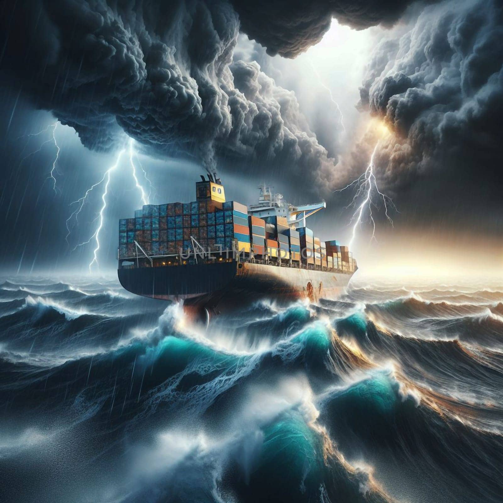 A cargo ship sailing through a raging storm, with lightning striking the sky and waves crashing around the vessel. The scene is dramatic and powerful. A high-quality photo.