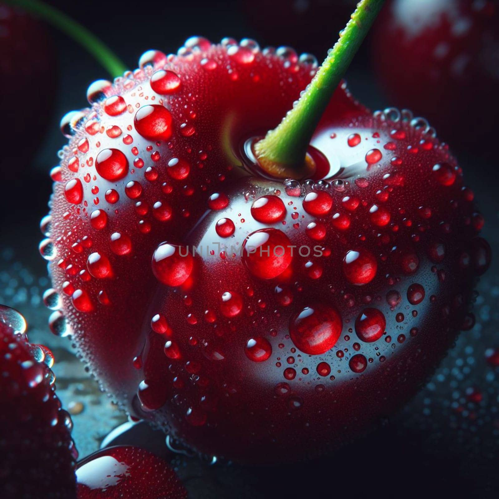 A close-up image of a ripe cherry covered in water droplets. The cherry is glistening with moisture, creating a sense of freshness and juiciness. A high-quality photo.