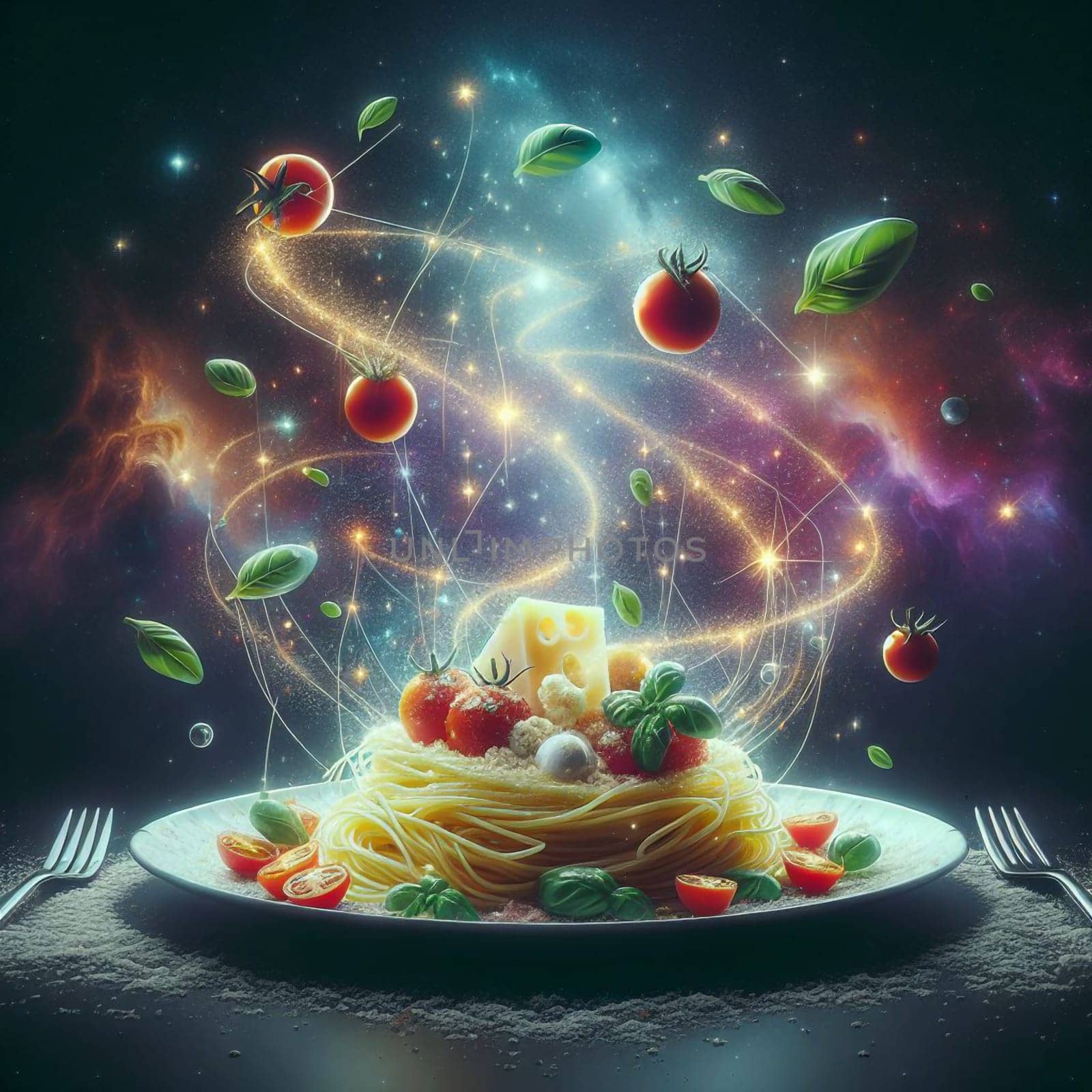 A plate of spaghetti with tomatoes, basil, and cheese, levitating against a backdrop of a starry night sky with swirling lights. The scene is surreal and magical. A high-quality photo.
