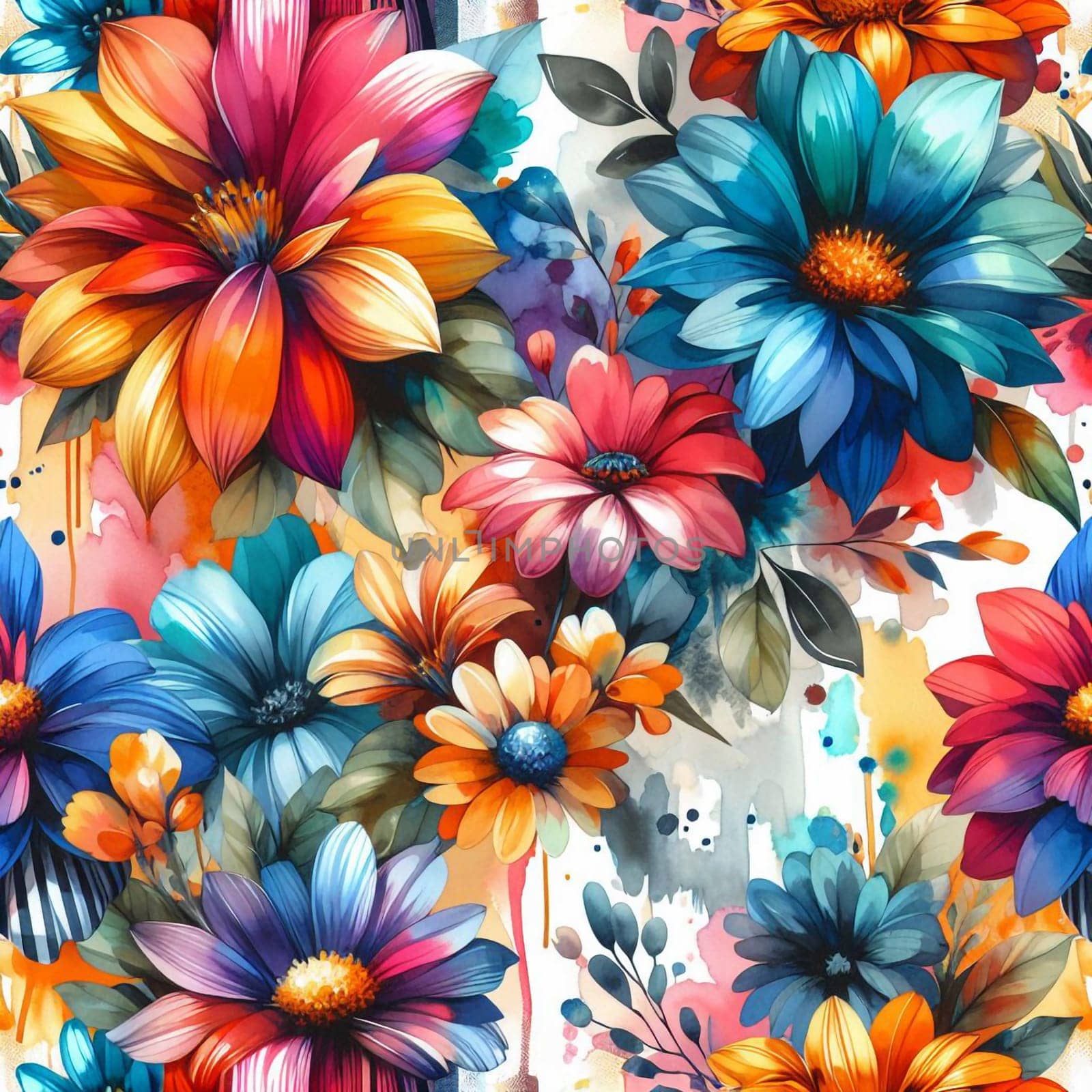 A seamless pattern of colorful flowers with watercolor effects, creating a vibrant and dynamic design. A high-quality photo.