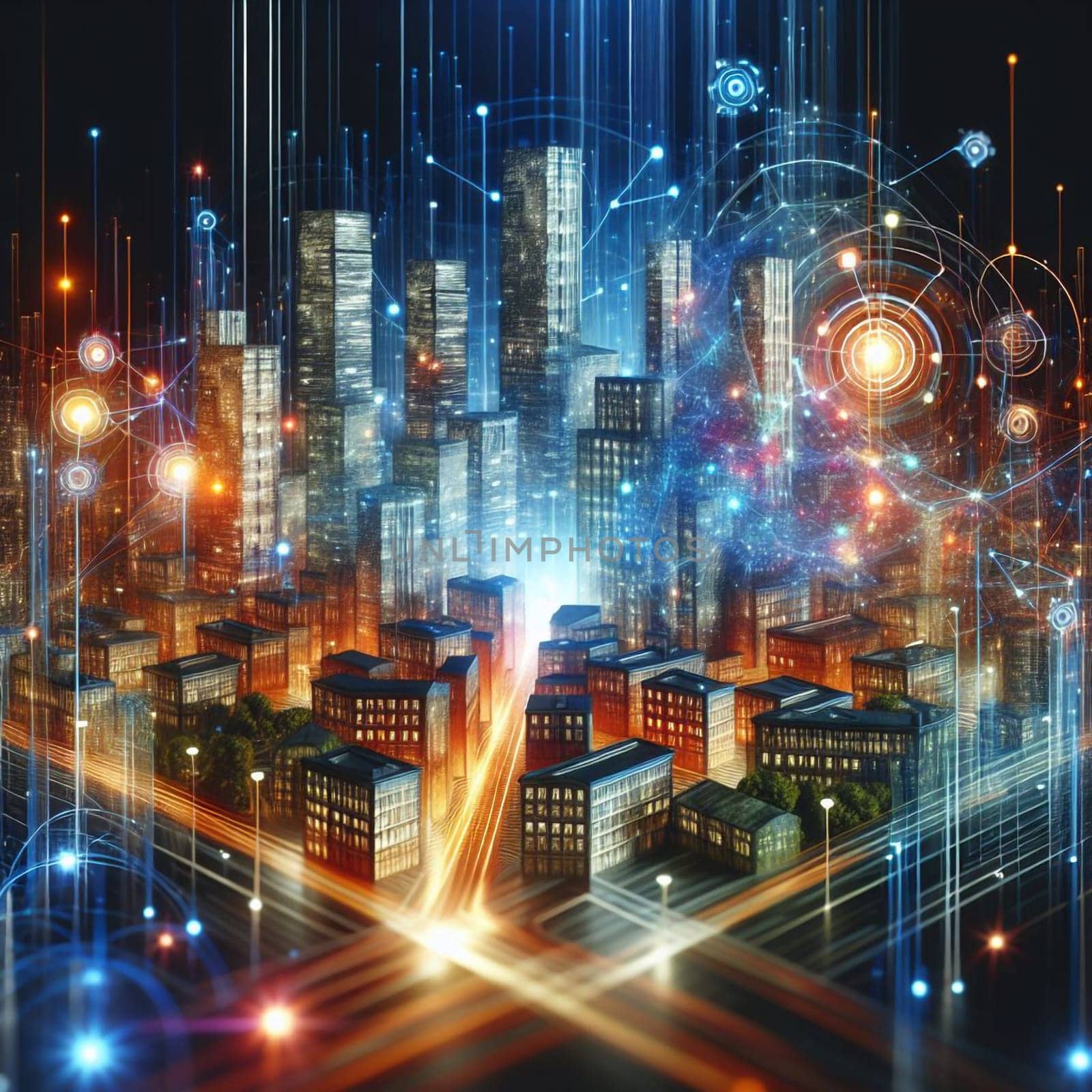 A futuristic city scene with glowing lights and a network of digital lines, representing the connectedness of technology. A high-quality photo.