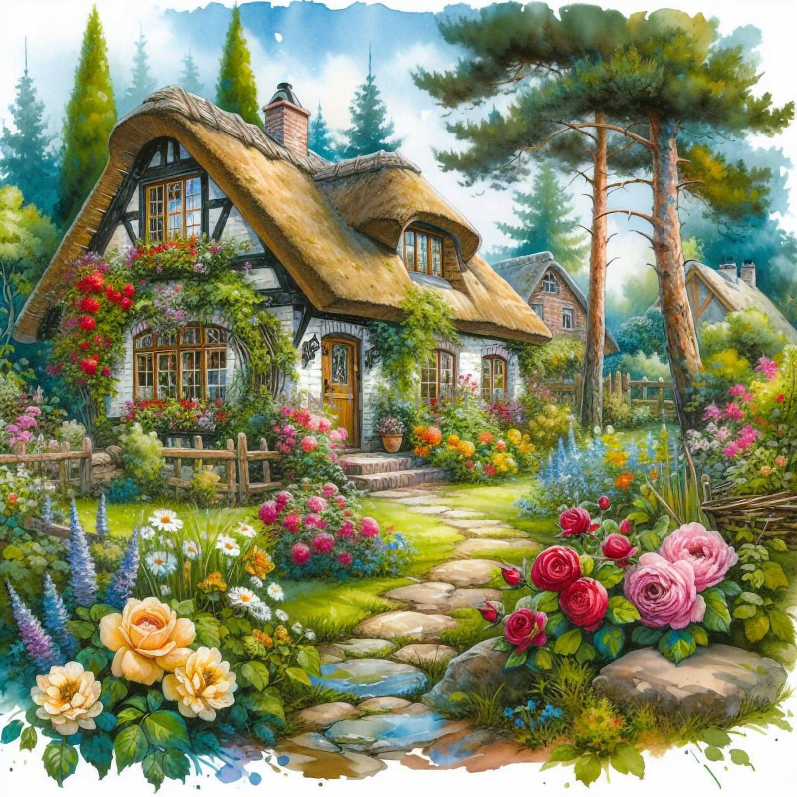 A watercolor illustration of a charming cottage with a thatched roof surrounded by a beautiful garden with flowers and a stone path. A high-quality photo.