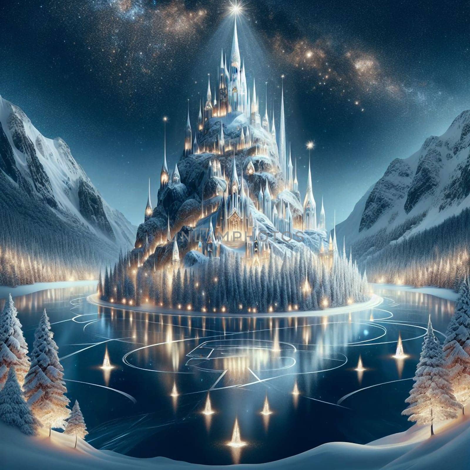 A fantasy illustration of a majestic ice castle on a frozen lake, surrounded by snow-covered mountains and trees. A high-quality photo.