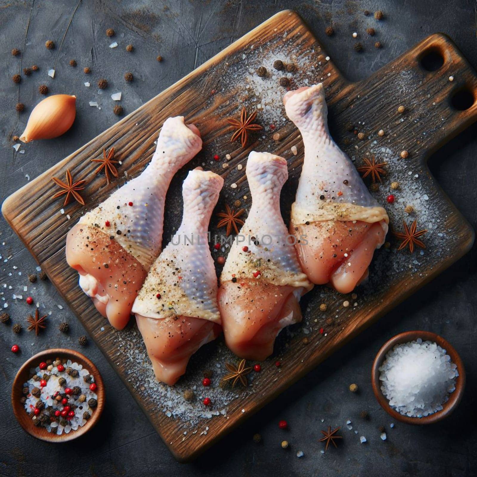 A close-up image of raw chicken legs with spices on a wooden cutting board. A high-quality photo.
