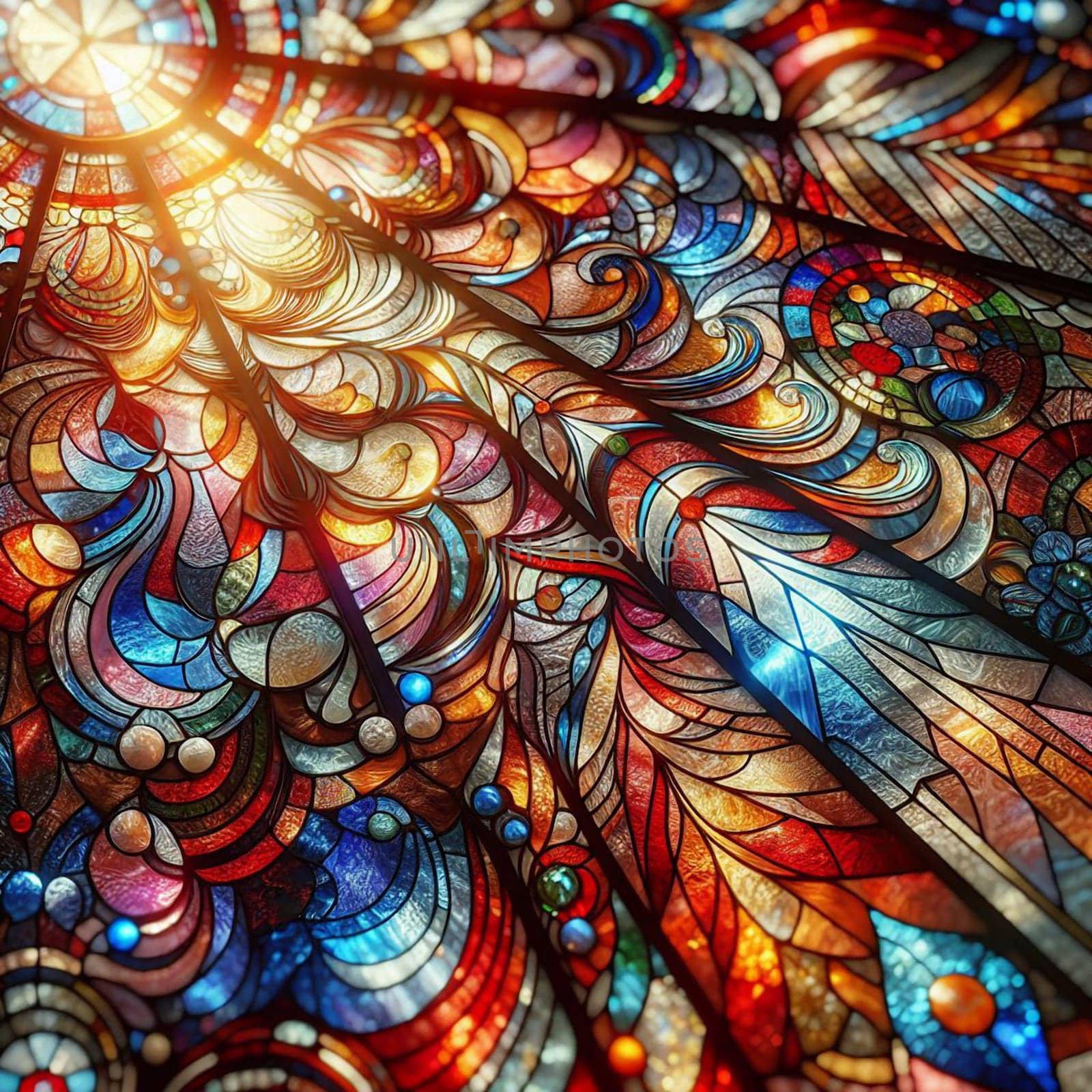 A close-up image of a stained glass window with intricate patterns and vibrant colors. A high-quality photo.