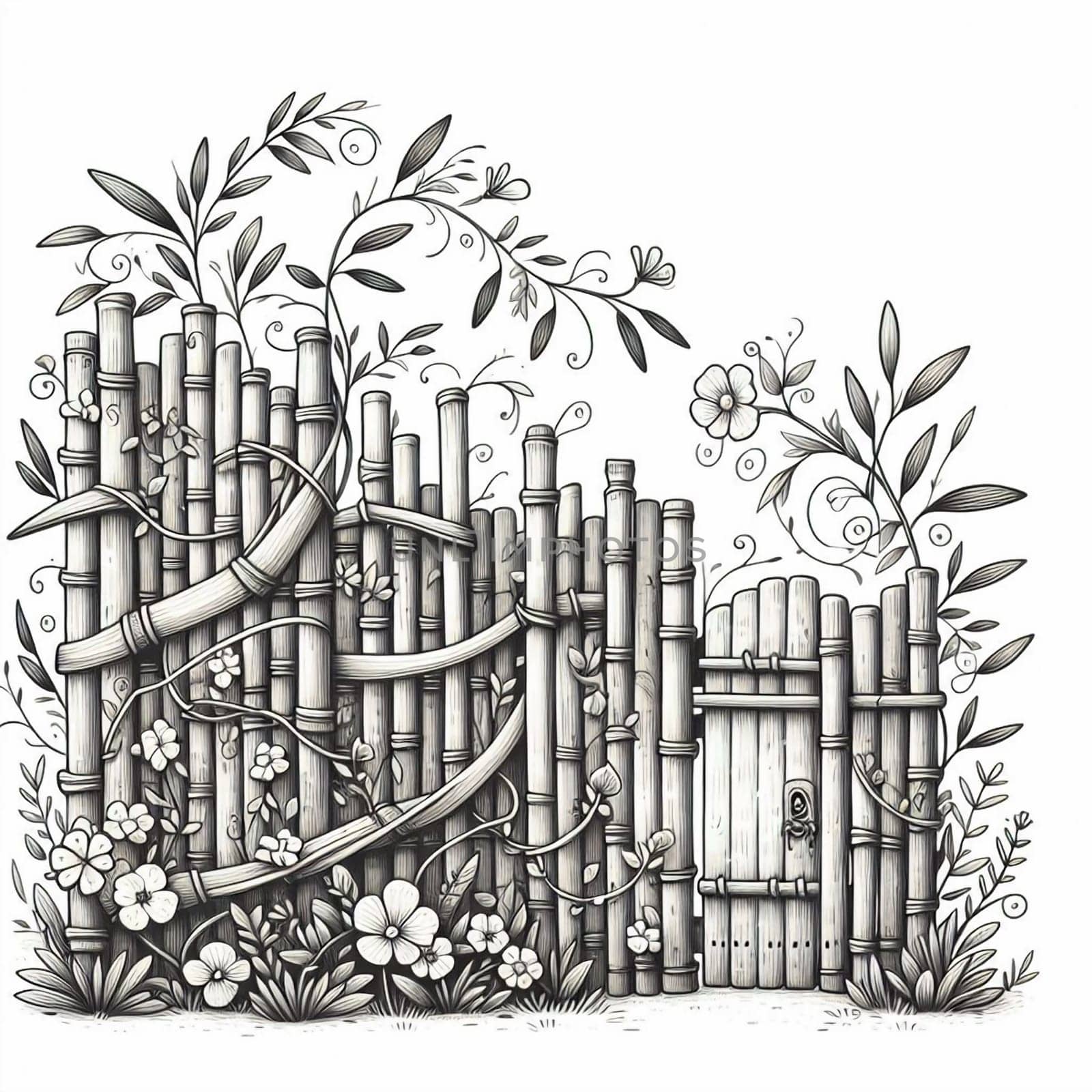 A black and white illustration of a bamboo fence with a gate and flowers. A high-quality photo.