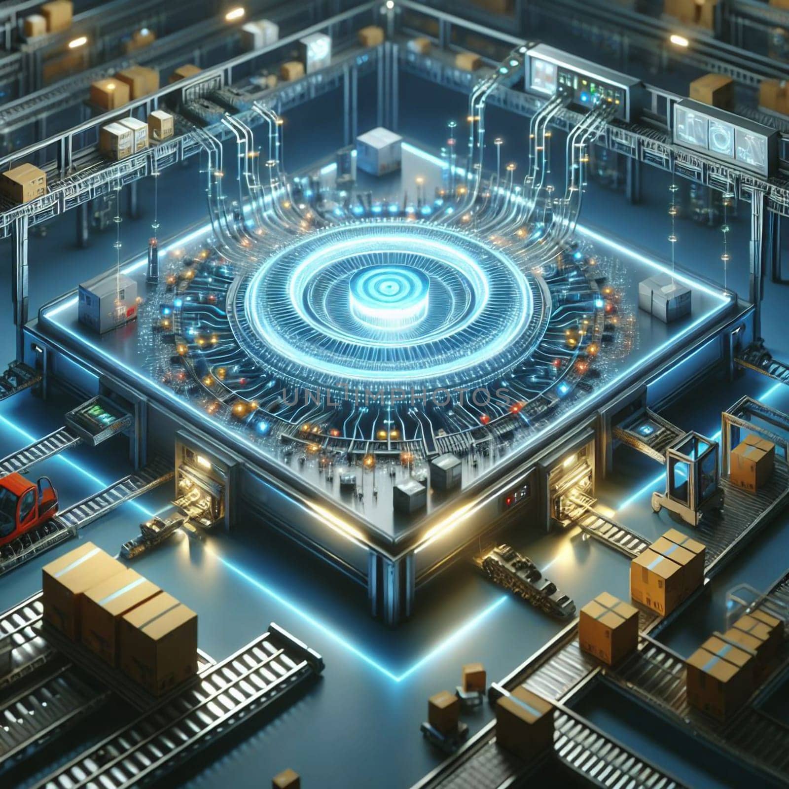 A futuristic illustration of an automated factory with conveyor belts, robots, and a glowing digital interface, representing the automation of manufacturing. A high-quality photo.