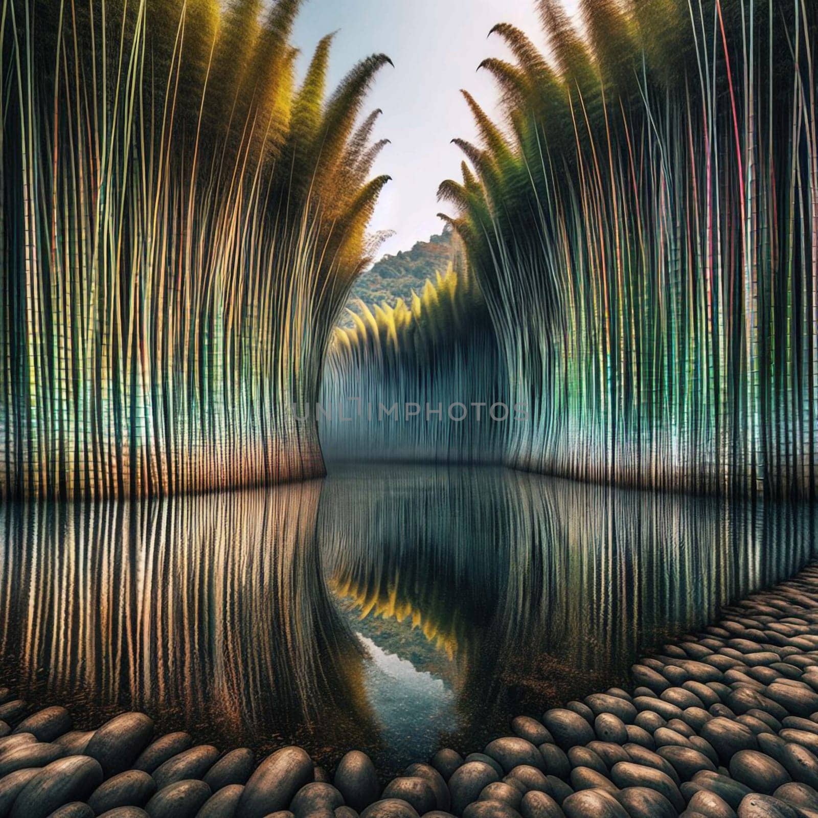 A surreal image of a path of stones leading through a forest of tall, vertical bamboo stalks. A high-quality photo.