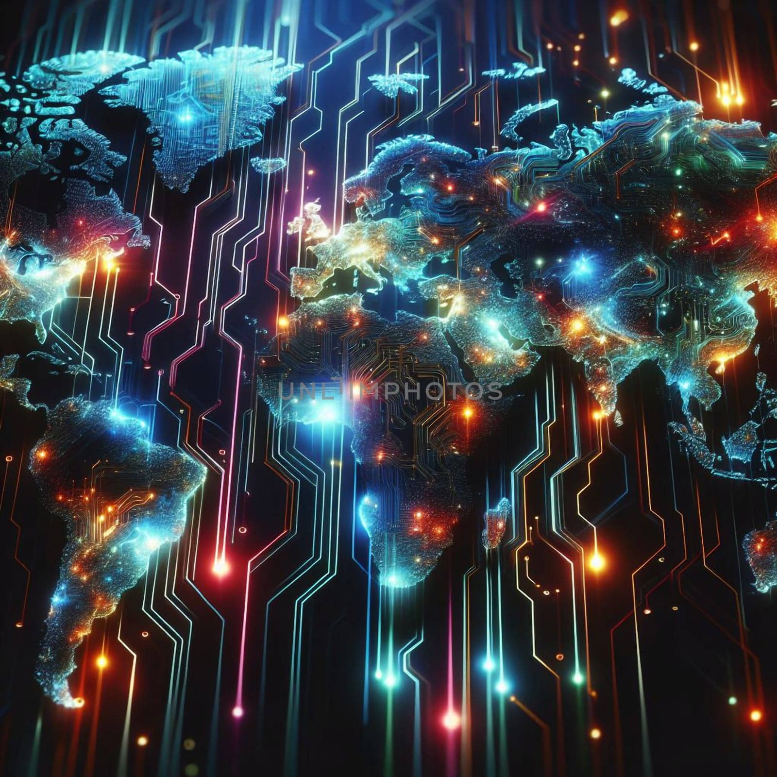 An abstract illustration of a world map made of glowing circuit boards and lines, representing the global interconnectedness of technology. A high-quality photo.