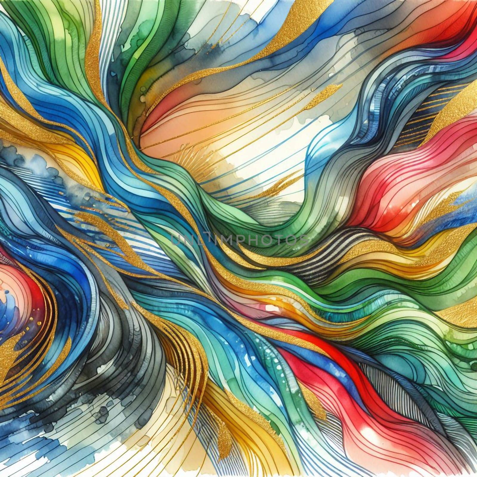 An abstract watercolor illustration of swirling lines in shades of blue, green, and red with golden accents. A high-quality photo.
