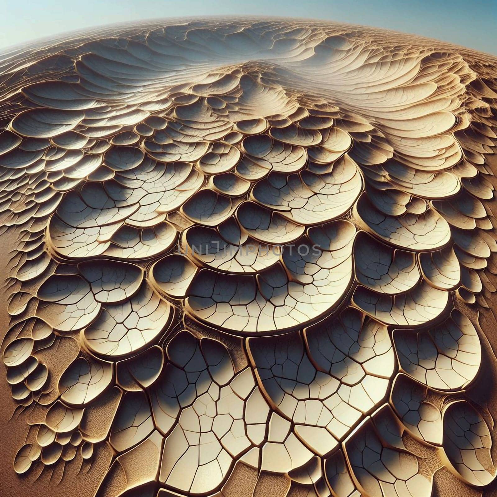 A close-up image of cracked earth in a desert landscape. A high-quality photo.