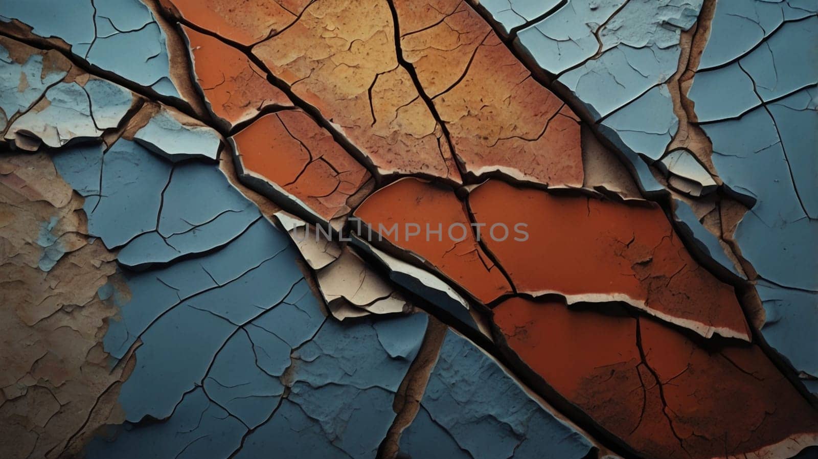 A close-up image of cracked paint on a surface, revealing different colors and textures. A high-quality photo.