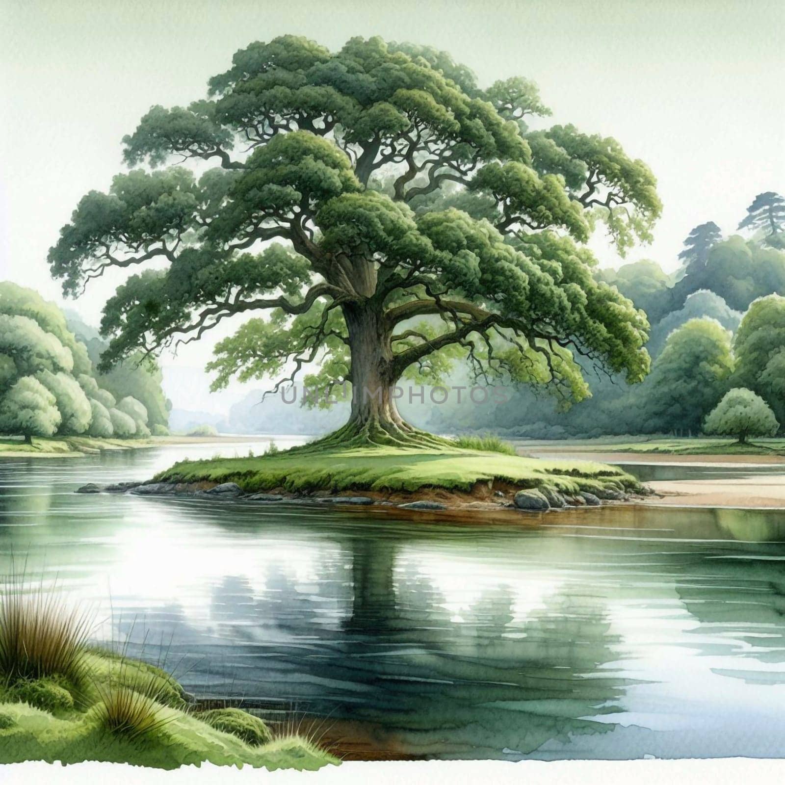 A watercolor illustration of a large oak tree standing on a small island in a river, with its reflection in the water. A high-quality photo.