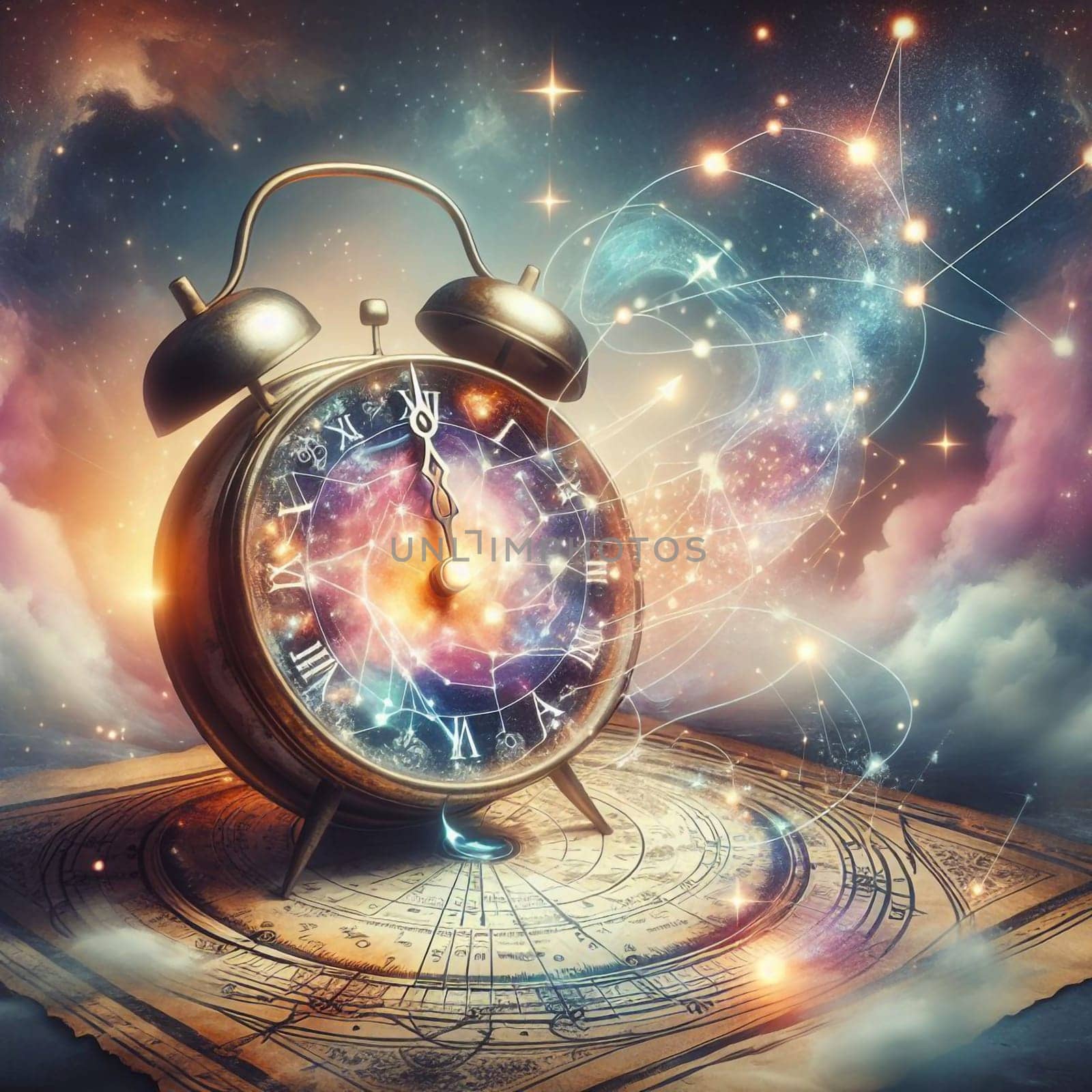 A surreal illustration of an old-fashioned alarm clock with a galaxy inside and a constellation above it, representing the vastness of time and space. A high-quality photo.