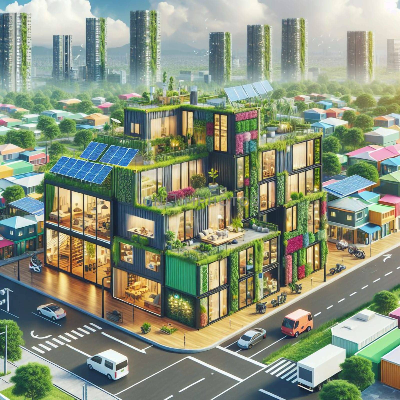 An illustration of a modern, sustainable city made from stacked shipping containers with green roofs and solar panels. A high-quality photo.