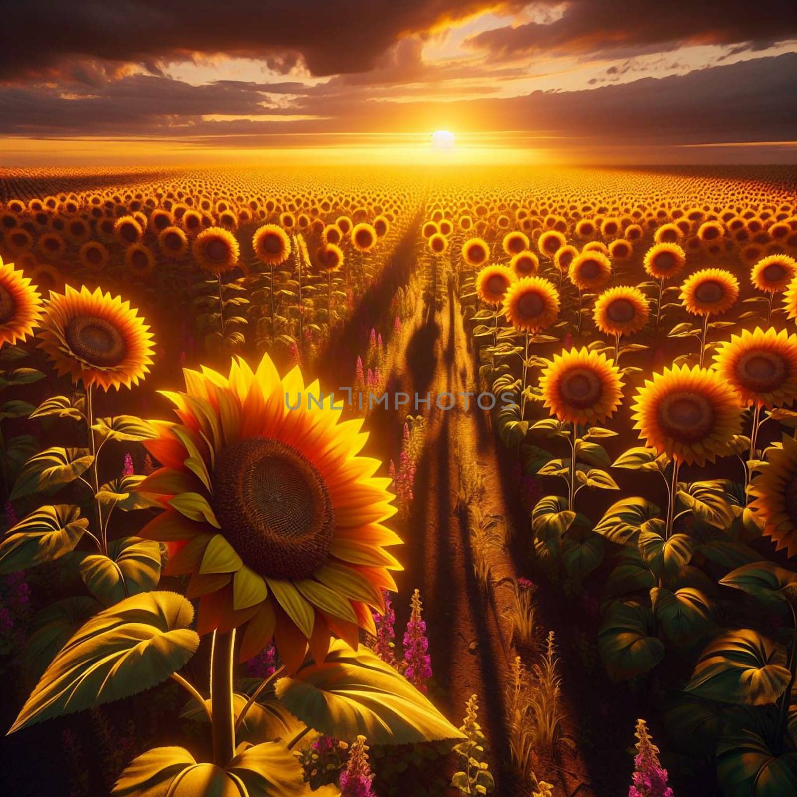 A field of sunflowers in full bloom, bathed in the warm glow of a setting sun. The sunflowers are tall and vibrant, creating a sense of joy and optimism. A high-quality photo.