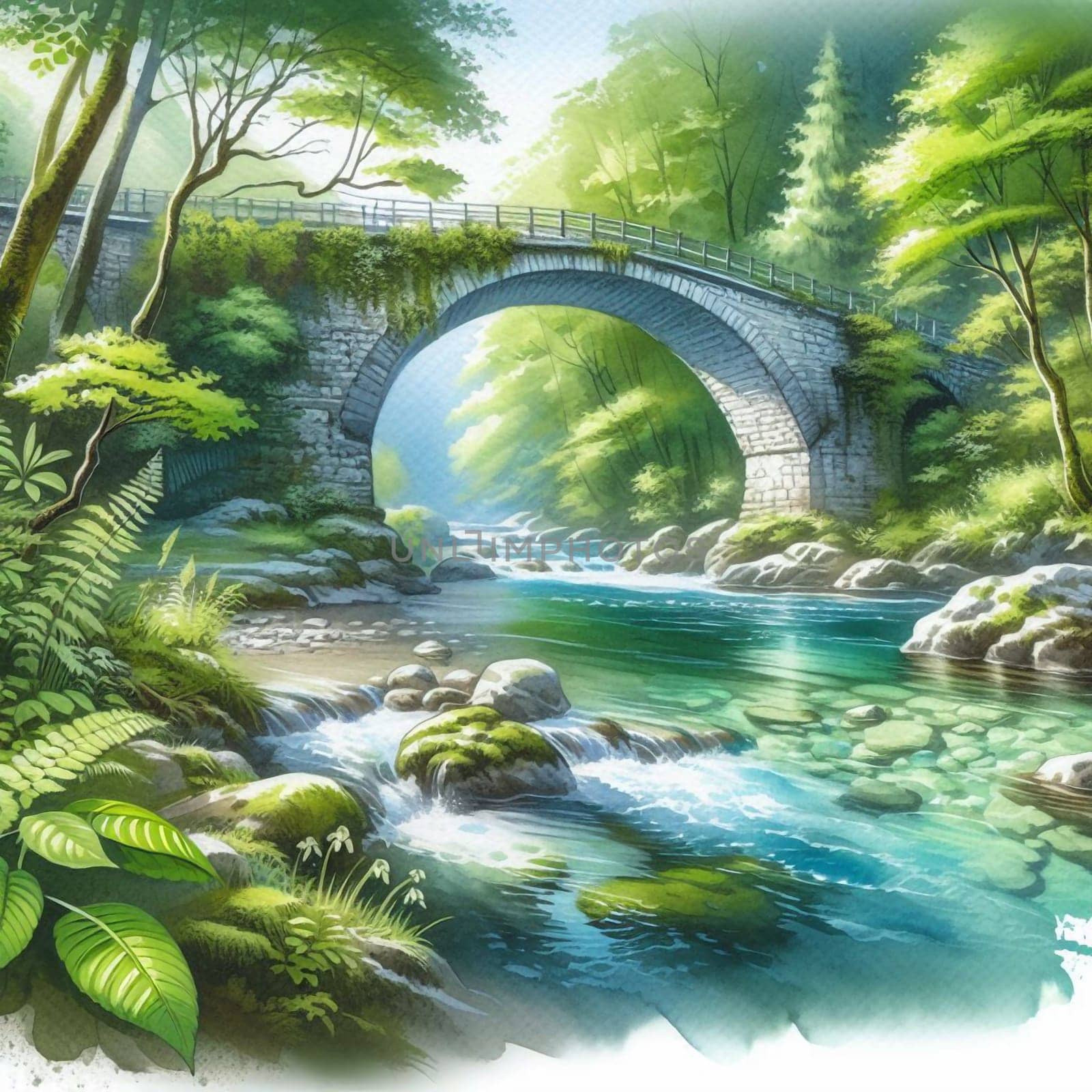 A watercolor illustration of a stone bridge over a river in a lush forest. A high-quality photo.