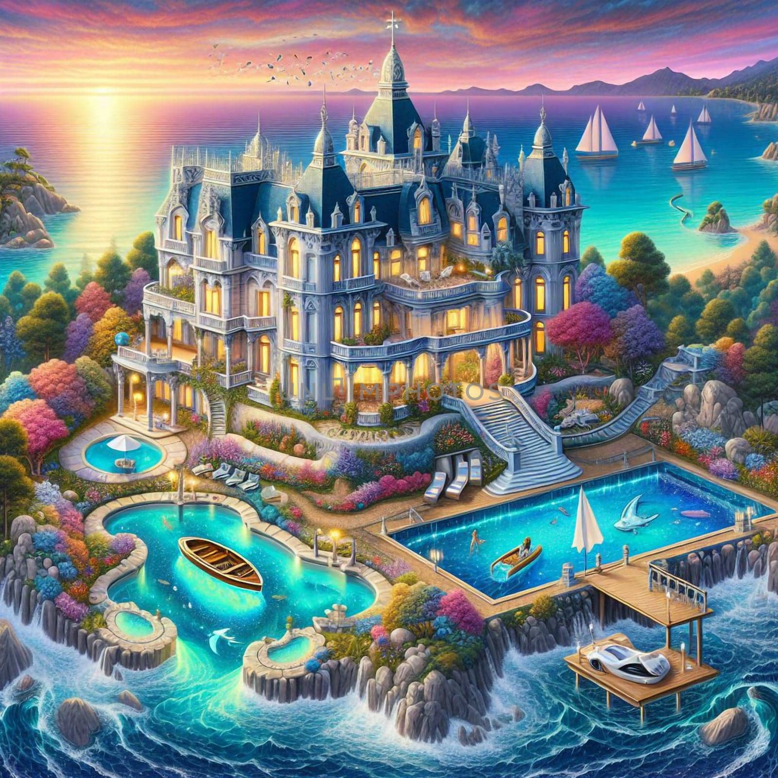 A fantasy illustration of a grand castle on an island with a pool, boats, and a stunning sunset. A high-quality photo.
