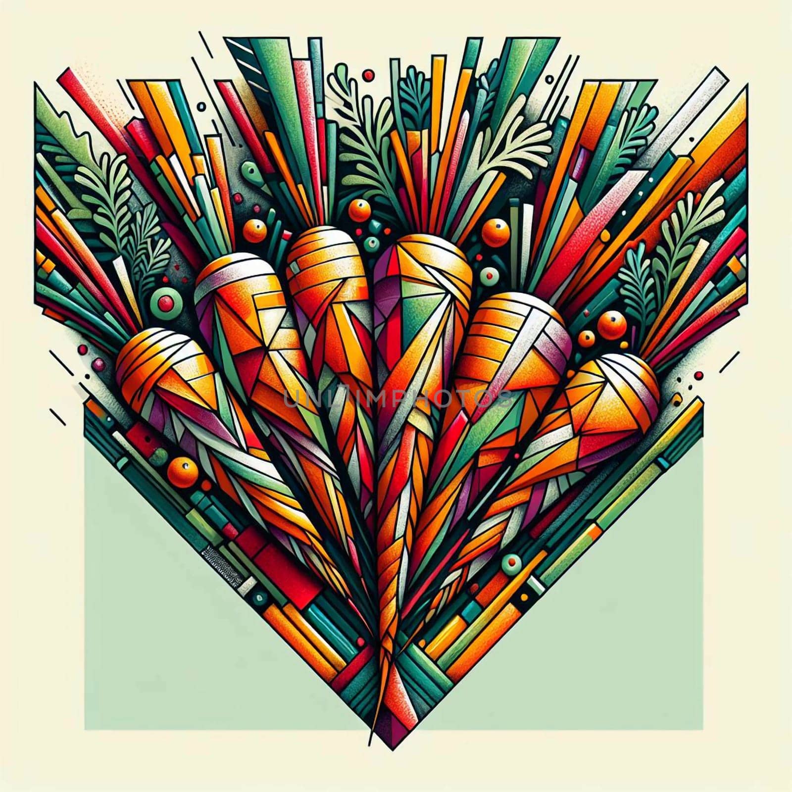 A colorful illustration of a bunch of carrots with geometric patterns and bright colors, representing the vibrancy and diversity of nature. A high-quality photo.