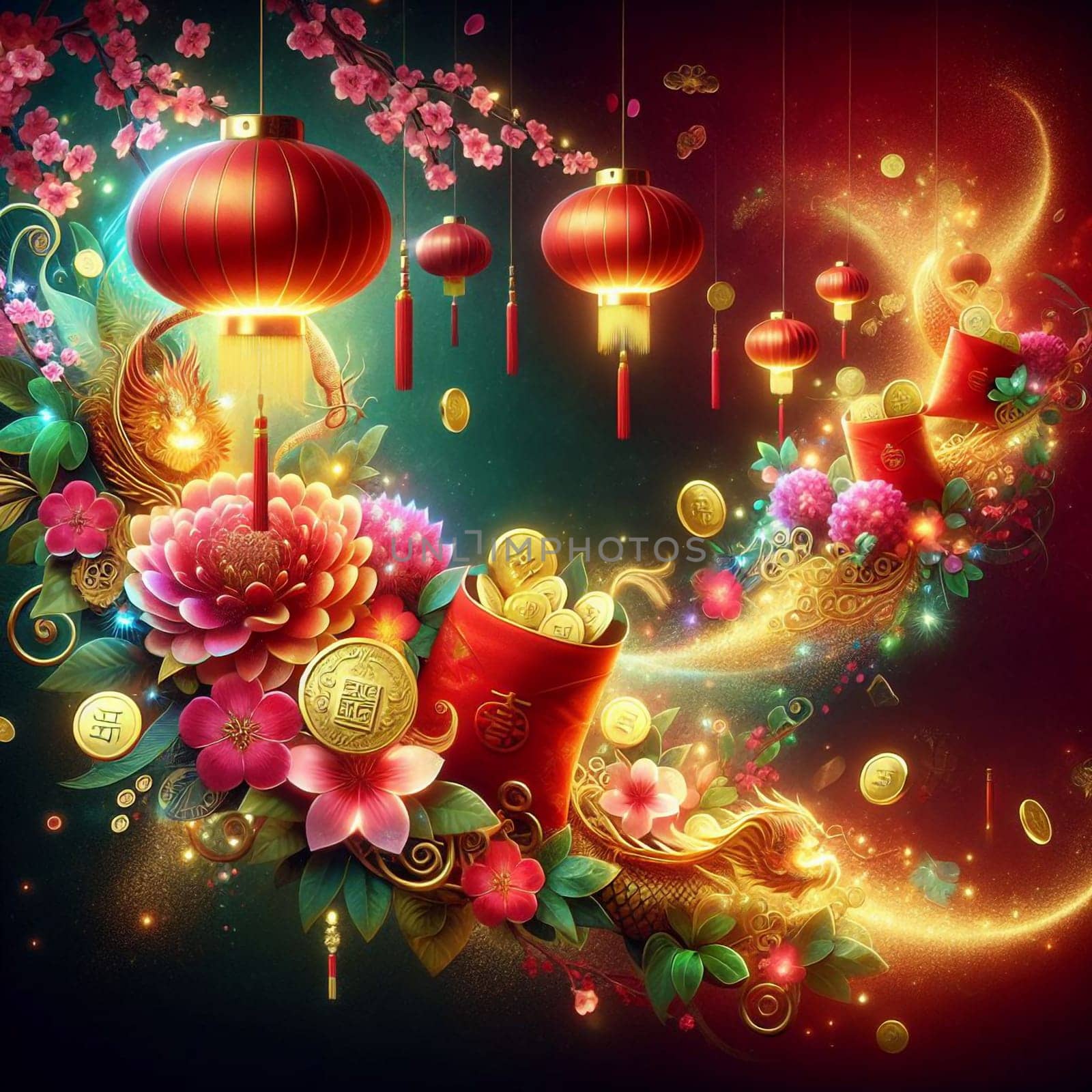 A vibrant illustration of a red envelope with golden coins, surrounded by cherry blossoms, lanterns, and a golden dragon, representing Chinese New Year traditions. A high-quality photo.