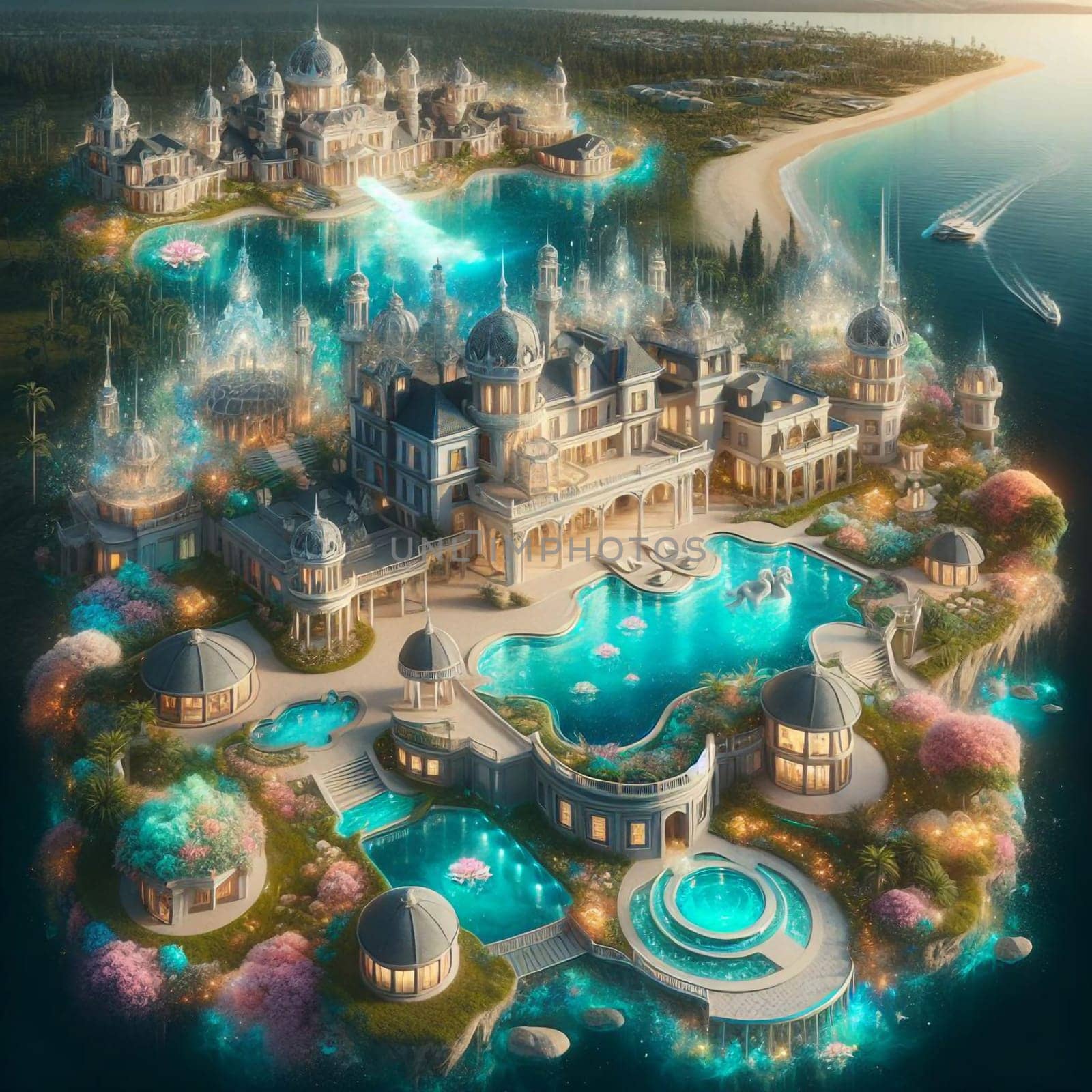 A fantasy illustration of a majestic palace on an island surrounded by water and lush vegetation. There are glowing lights and swirling, magical effects. A high-quality photo.