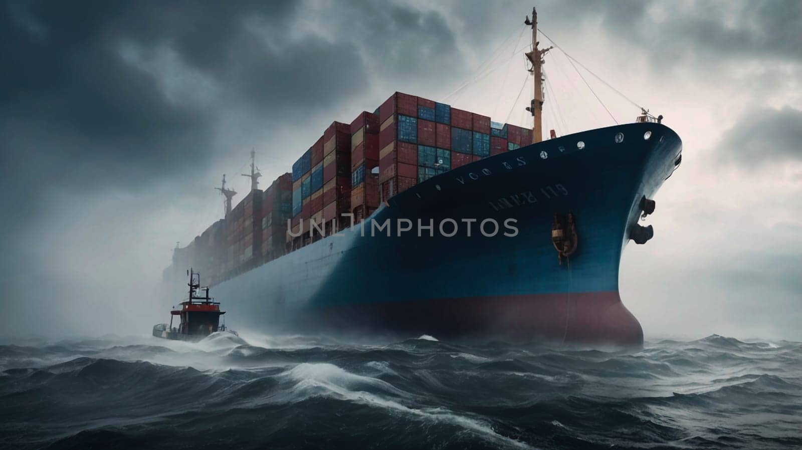 A photo of a container ship sailing on a rough sea with stormy clouds. A high-quality photo.