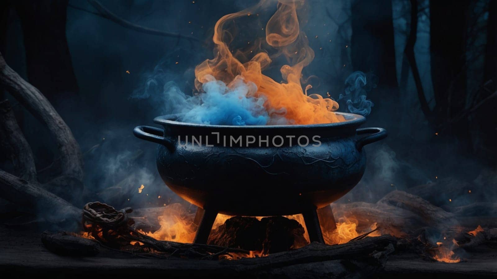 A dramatic image of a cauldron with blue and orange smoke billowing out, set against a dark forest backdrop. A high-quality photo.