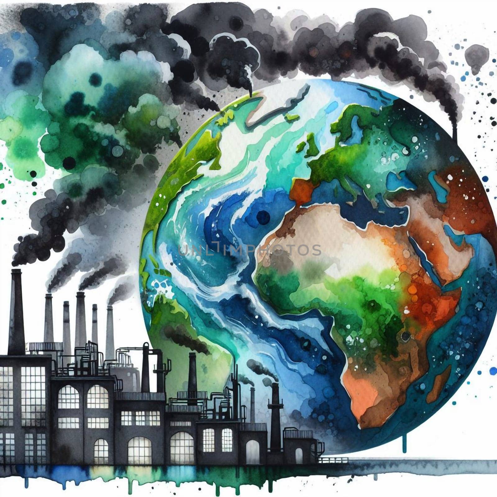 A watercolor painting depicting a factory with smoke billowing out of chimneys, representing the impact of pollution on the Earth. A high-quality photo.