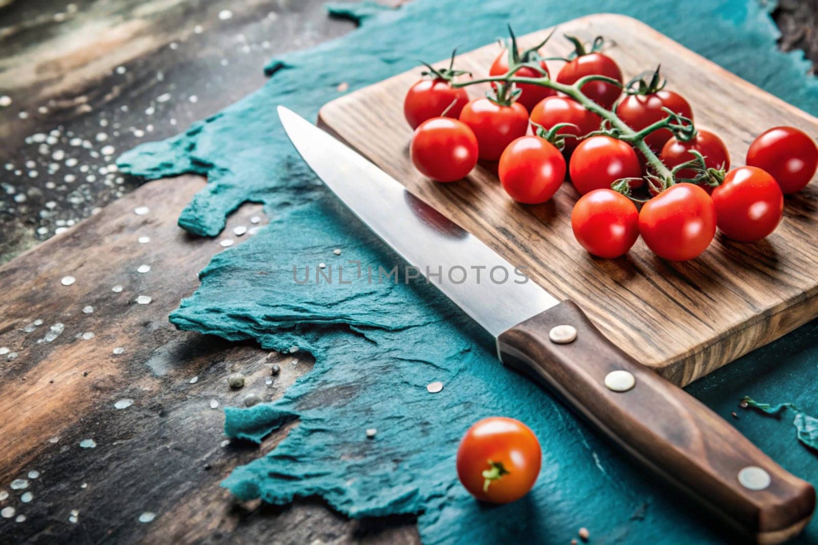 Food photography featuring a wooden cutting board with a cluster of cherry tomatoes and a knife on a rustic wooden surface. A high-quality photo.