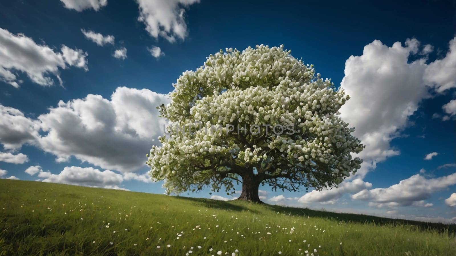 A single, large tree with white blossoms in full bloom, standing on a grassy hillside against a bright blue sky with fluffy clouds. A high-quality photo.