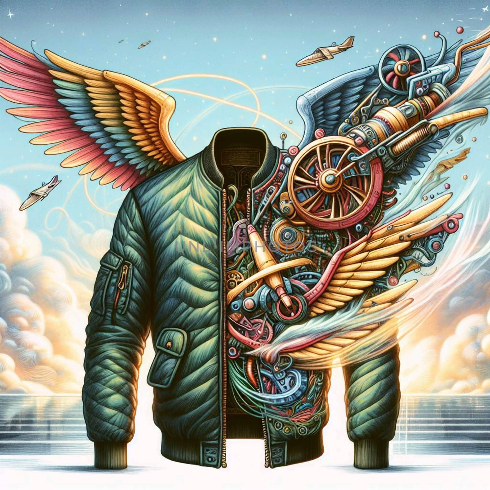 A surreal illustration of a bomber jacket with wings and a mechanical heart, symbolizing the fusion of nature and technology. A high-quality photo.