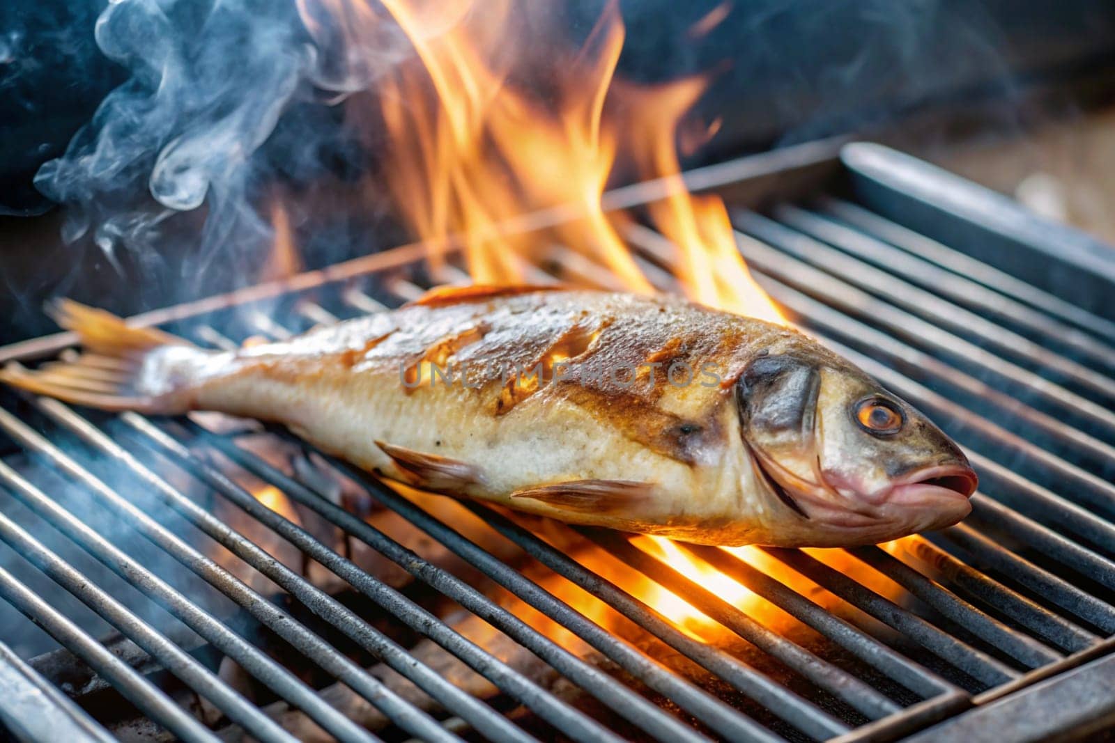 A close-up shot of a fish being grilled over an open flame. The fish is sizzling and smoking, with flames licking at its surface. A high-quality photo.