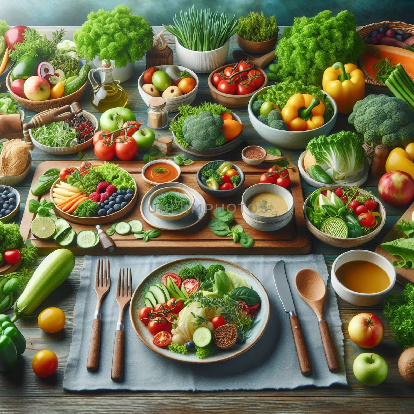 A table setting with various fresh vegetables, fruits, and herbs, suggesting a healthy meal or a celebration of fresh produce. A high-quality photo.